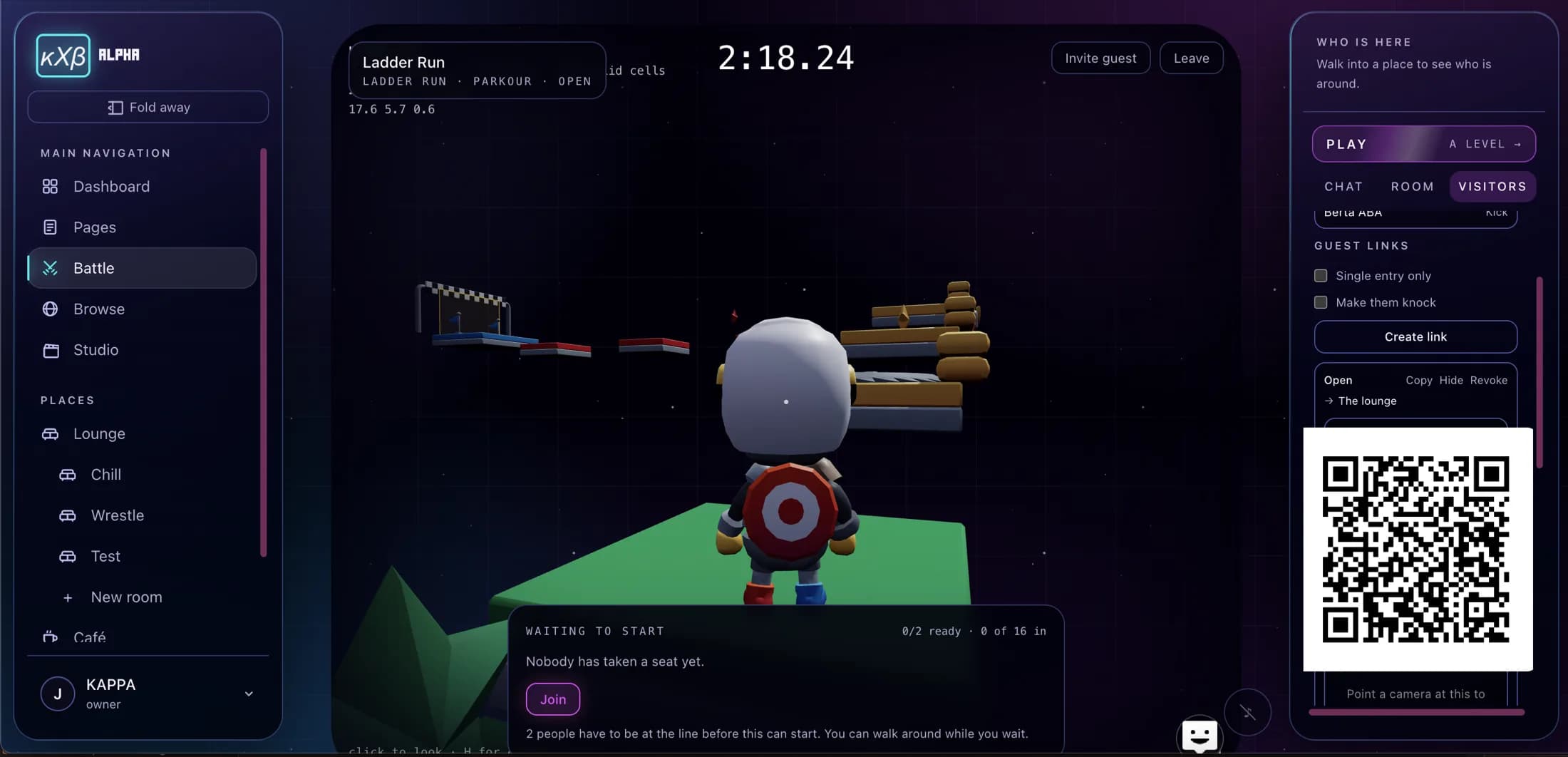 A parkour level called Ladder Run waiting to start, a clock running above it, a panel saying nobody has taken a seat yet, and a right rail of guest links with a QR code to point a camera at