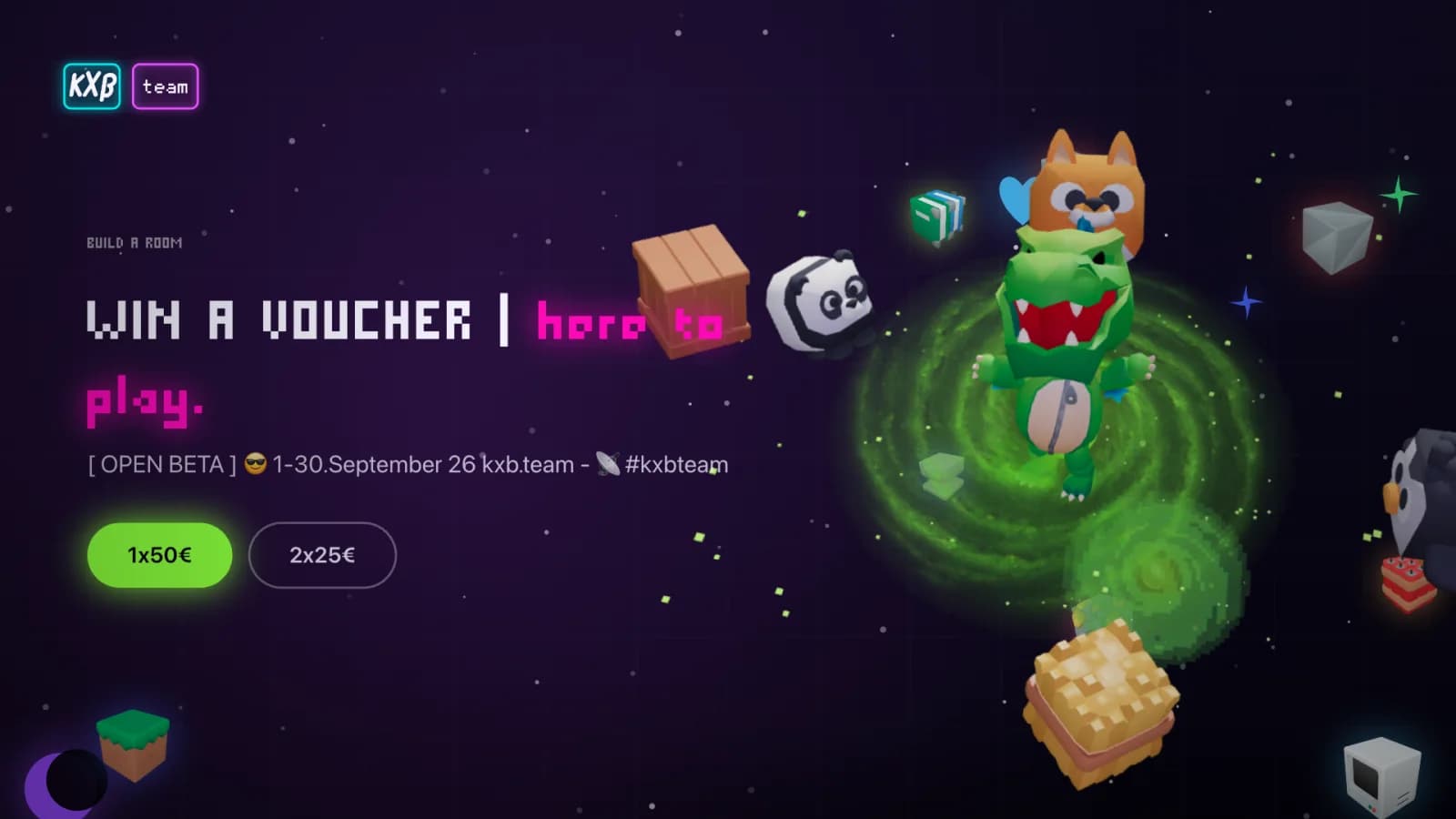 A voxel dinosaur leaping through a green portal in space, a fox, a panda and floating blocks around it, beside the words “Win a voucher | here to play.” and the prizes 1×€50 and 2×€25.