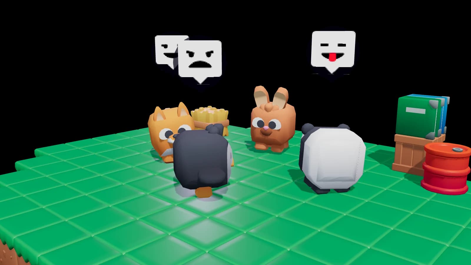 Four voxel animals side by side on a green field, emotes in speech bubbles above them.