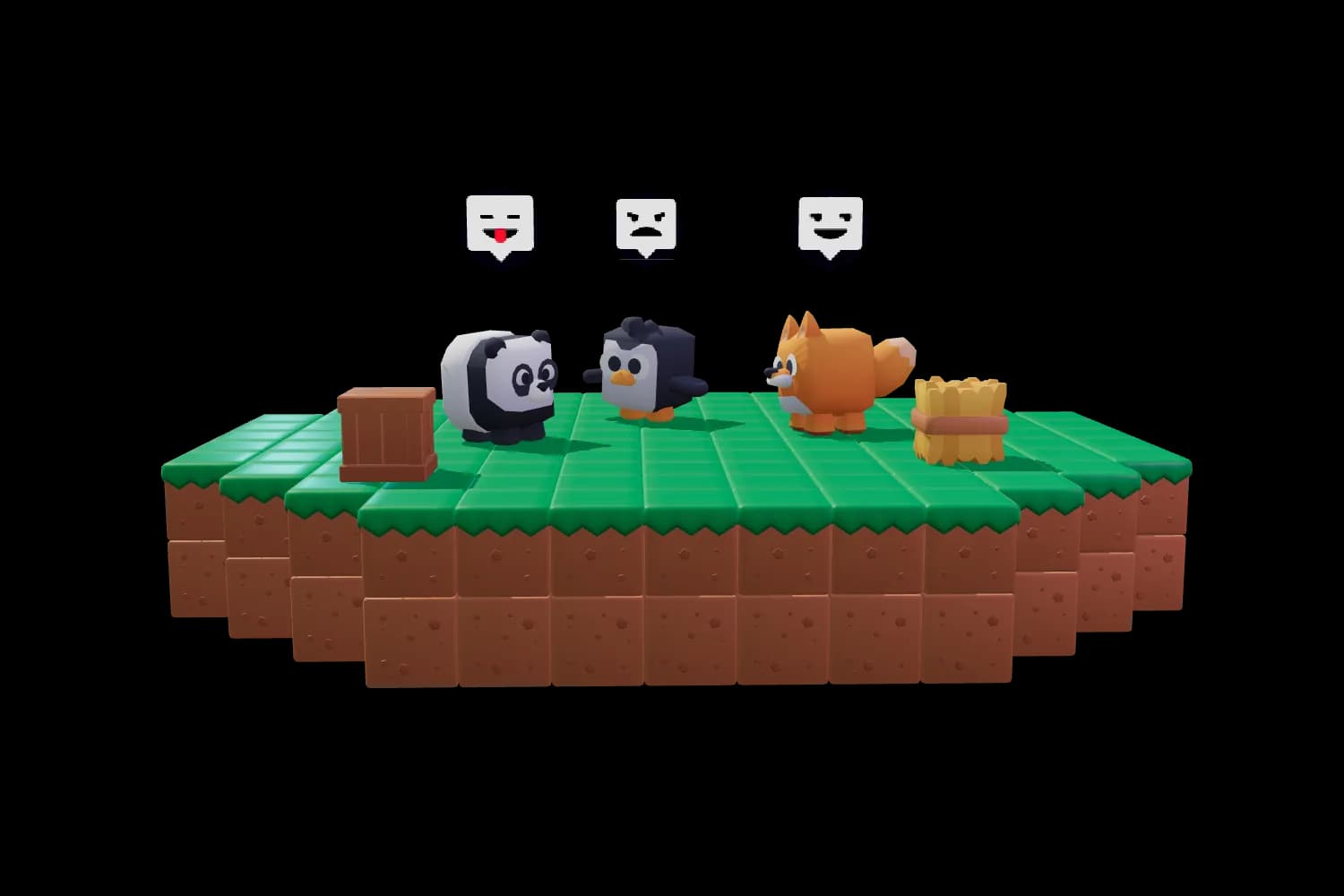 Ein Panda, ein Pinguin und ein Fuchs stehen zusammen auf einer kleinen Grasinsel, jeder mit einem Emote über dem Kopf