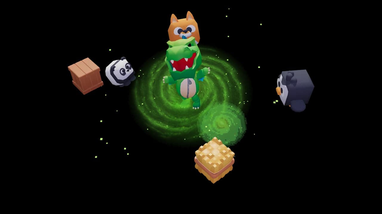 A fox wearing a dinosaur costume standing in a ring of green light, with a crate, two animal heads and a block of hay turning in the air around it