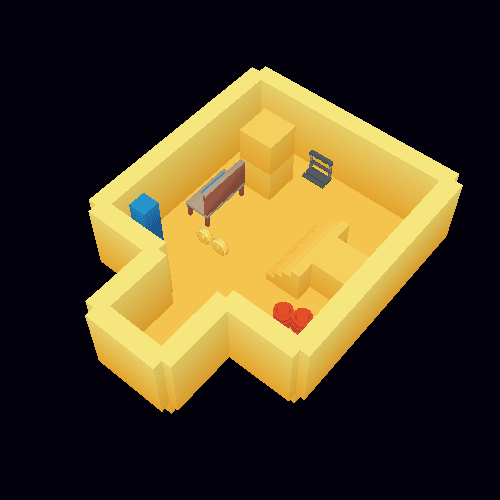 A small room with stairs climbing one wall and a gap in another