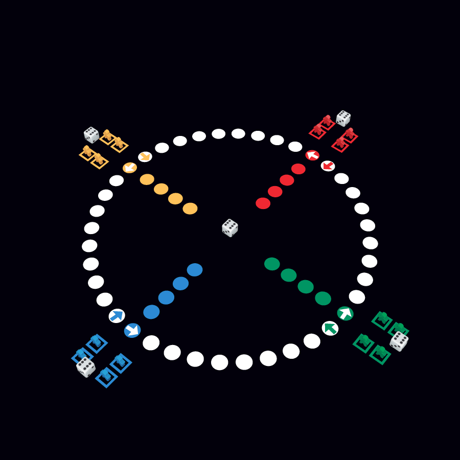 A board game laid out on a floor: a cross-shaped track of cells with four coloured home rows