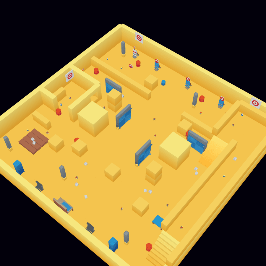 A prototype arena on two floors: a catwalk down one side, a gallery of targets on the far wall, breakable cover, crates and barrels
