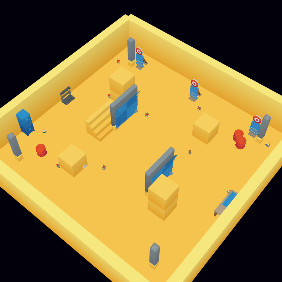 A prototype arena on two floors: a catwalk down one side, a gallery of targets on the far wall, breakable cover, crates and barrels