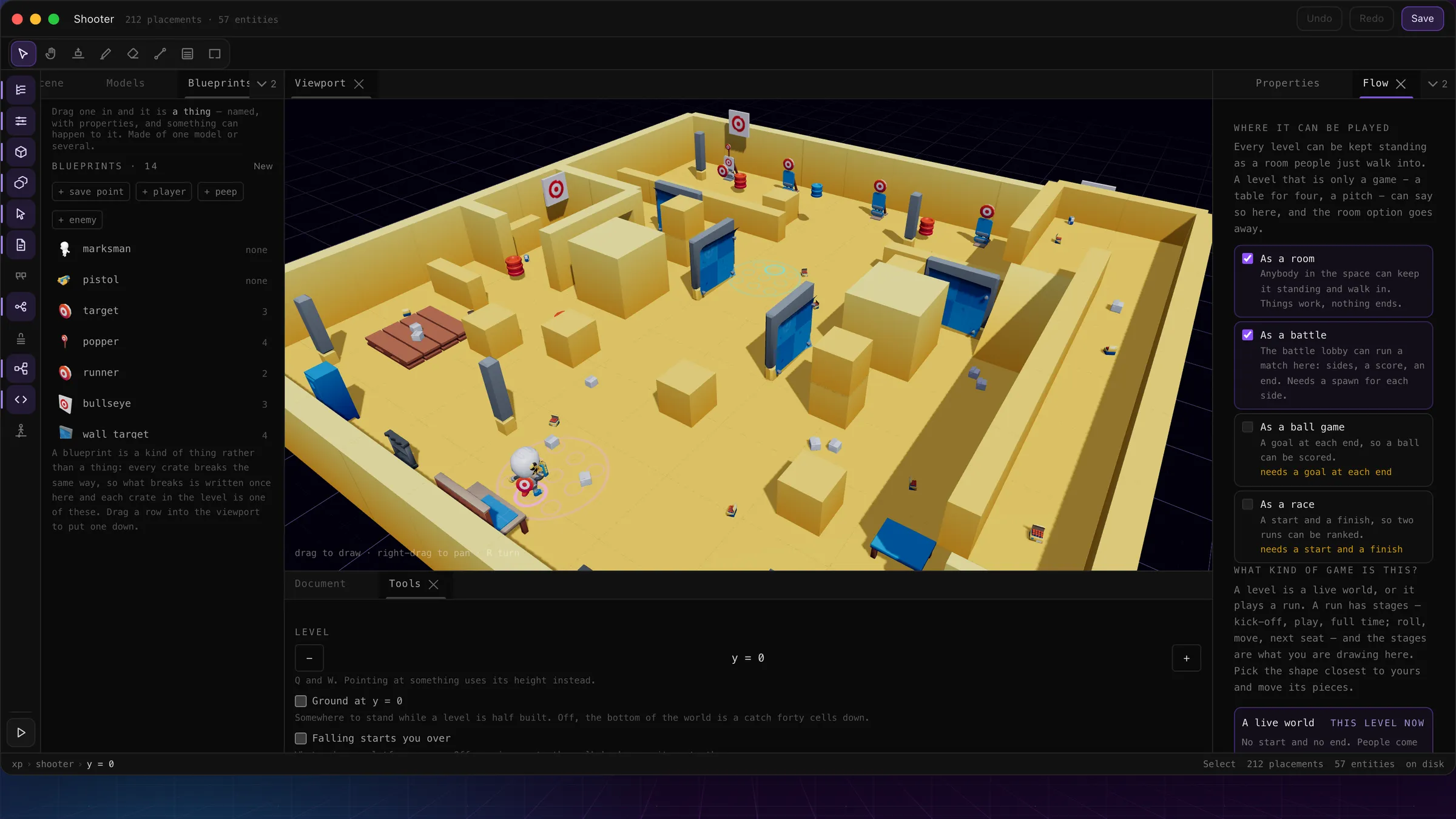 The Flow panel open on the shooter: where it can be played as checkboxes, and the run-shape picker below
